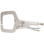 The Draper Self Grip C Clamp, 280mm - 9020S, is a nickel-plated silver C-clamp locking pliers featuring an adjustable screw mechanism, quick release lever, and a metallic finish by Draper.