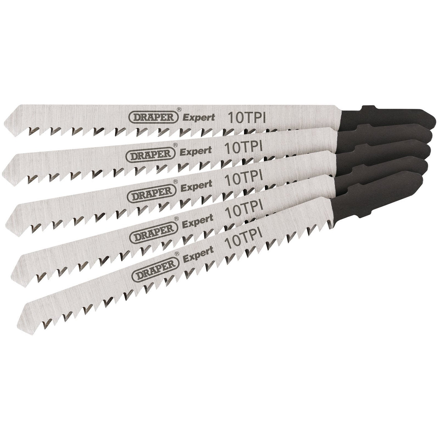 A set of five Draper DT101BR jigsaw blades, each 100mm in length, arranged in a fanned display to showcase their serrated edges and Bayonet fittings.