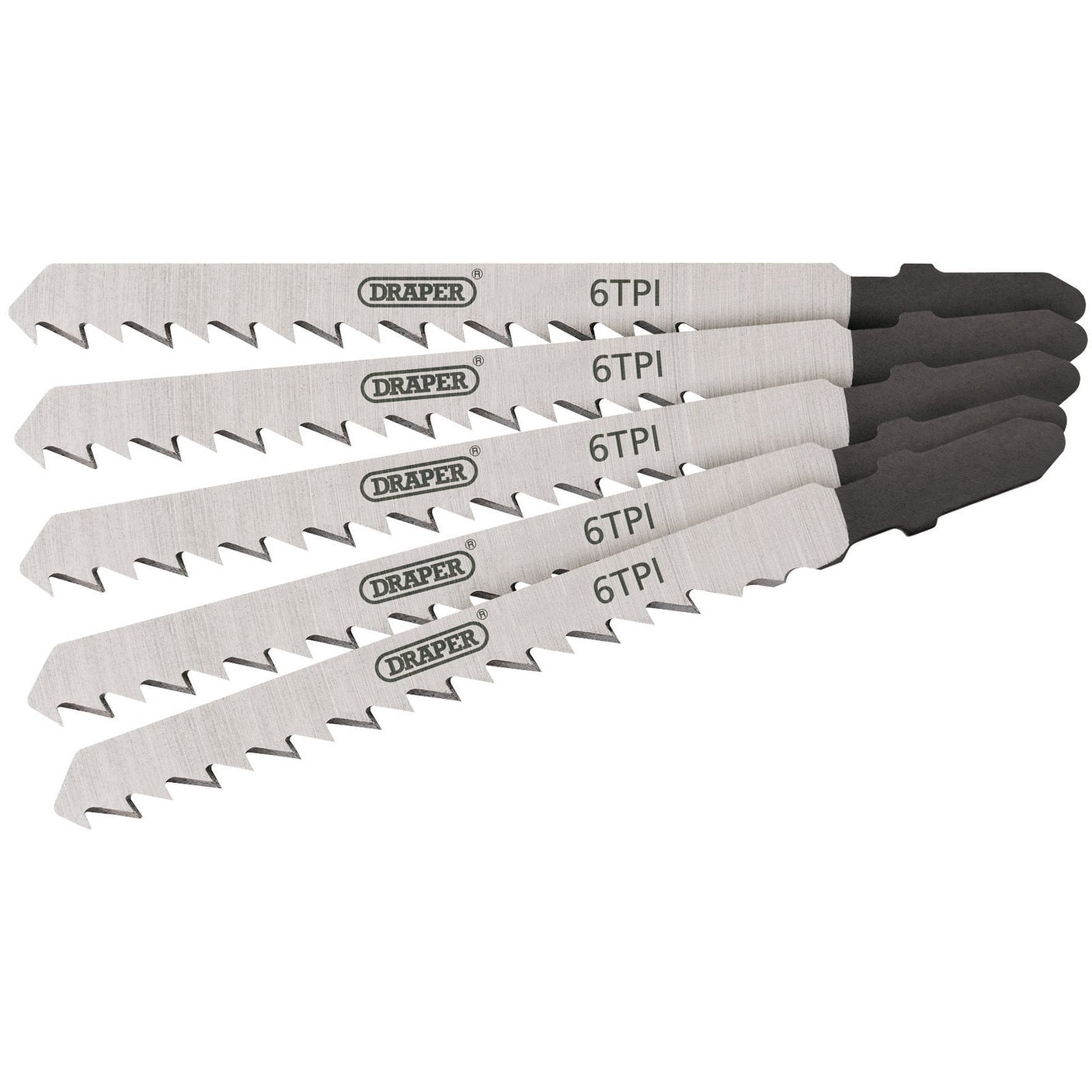 Five Draper Dt101D jigsaw blades, each measuring 100mm and featuring 6 teeth per inch (TPI), are displayed in a slightly fanned-out arrangement, showcasing their convenient bayonet fitting.