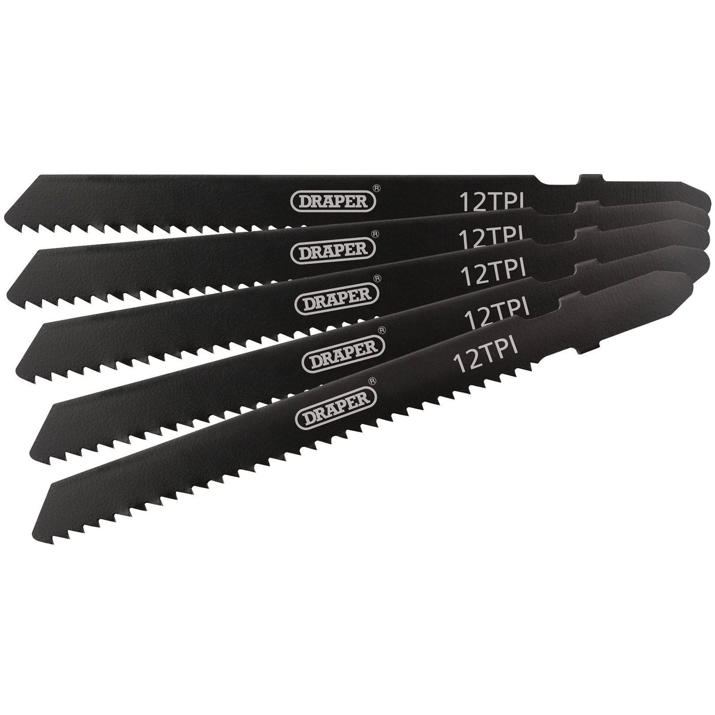 Five Draper Dt119B jigsaw blades, each 92mm in length and featuring "Draper" and "12TPI" printed on them, arranged in a fan-like formation—an ideal set of five for any cutting task.