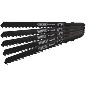 A set of five Draper Dt144D jigsaw blades, each measuring 100mm and labeled with "Draper 6 TPI," arranged in a fanned-out formation, featuring a bayonet fitting for easy installation.