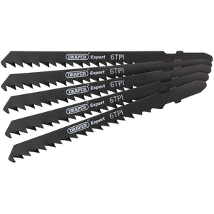 A set of five Draper Dt144Dp 100mm jigsaw blades arranged in a fanned-out formation, showcasing the teeth and the Draper branding on each blade.