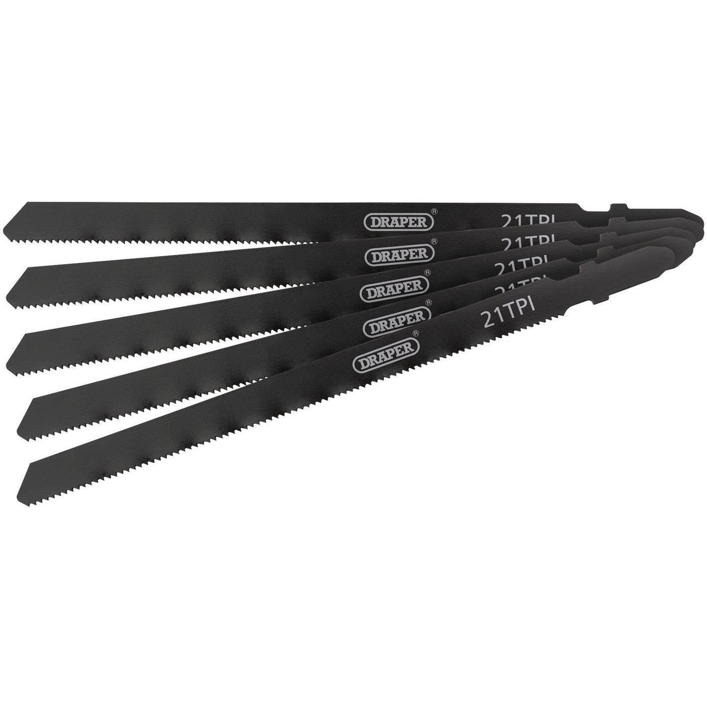 Five Draper DT318A jigsaw blades, each measuring 130mm and featuring serrated edges, bayonet fittings, and the Draper brand marking, are arranged side by side. These black saw blades come in convenient sets of five to meet your cutting needs.