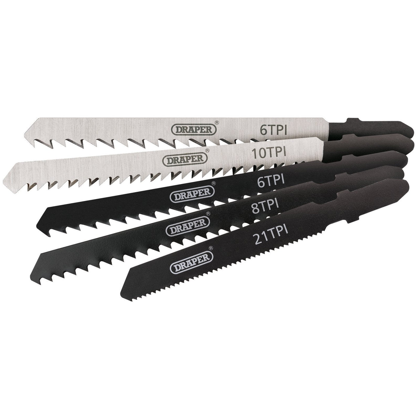 Five Draper Assorted Jigsaw Blades from the JSBCOM5 set are arranged in a row, each marked with different TPI (Teeth Per Inch) values: 6, 10, 6, 8, and 21. This versatile cutting set features alternating silver and black colors and is ideal for tackling plastics as well as softwoods and hardwoods.