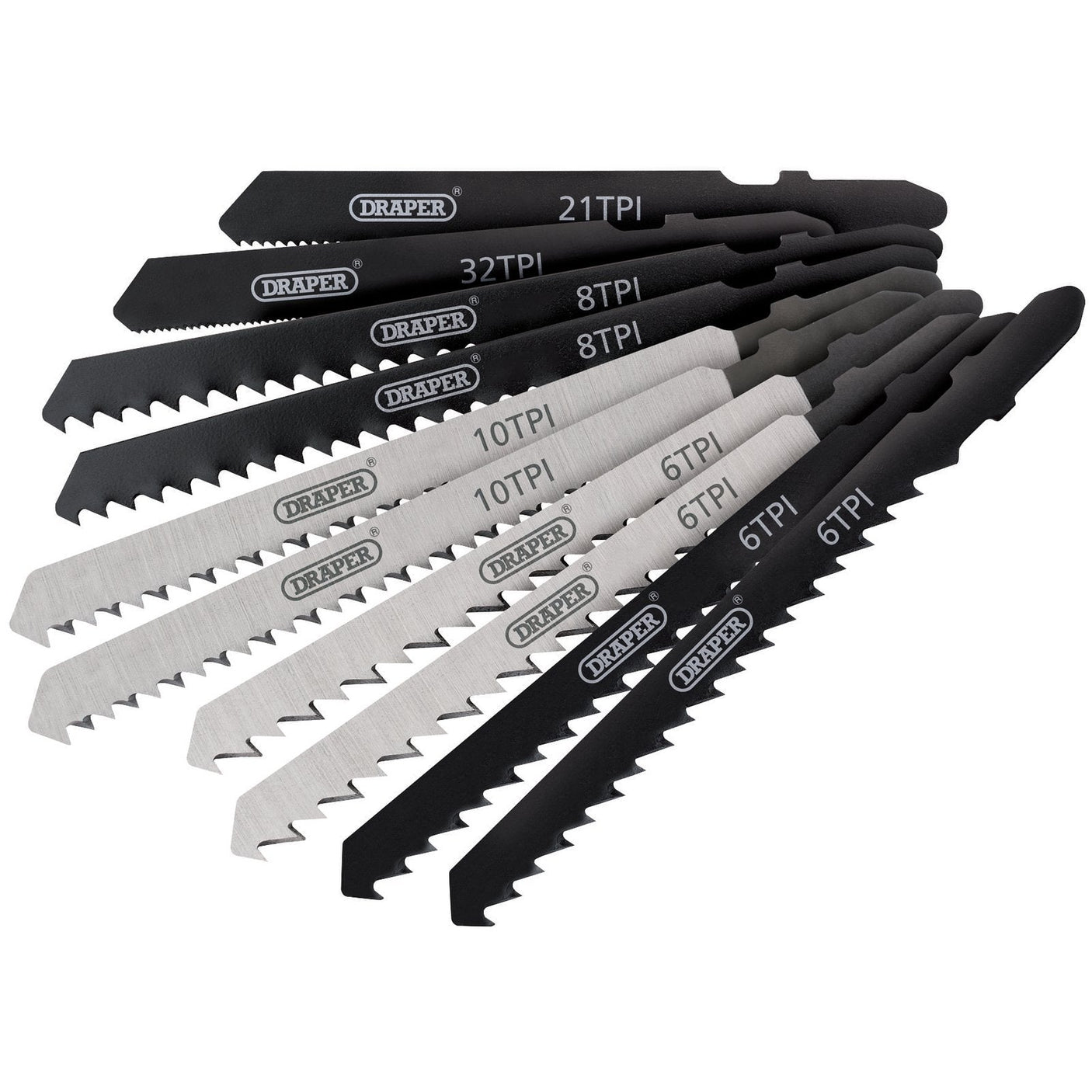 A set of ten Draper jigsaw blades, ideal for cutting softwoods, hardwoods, and plastics, arranged in an overlapping fan and labeled with various teeth per inch (TPI) ranging from 6TPI to 32TPI.