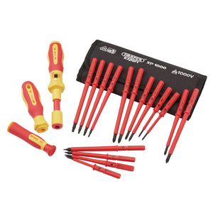 The Draper Xp1000® VDE Interchangeable Torque Screwdriver Set (19 Piece) - 965T/19 by Draper features red and yellow insulated screwdrivers with ergonomic handles, neatly organized in a black tool roll. This set includes interchangeable blades and two VDE torque screwdriver handles.