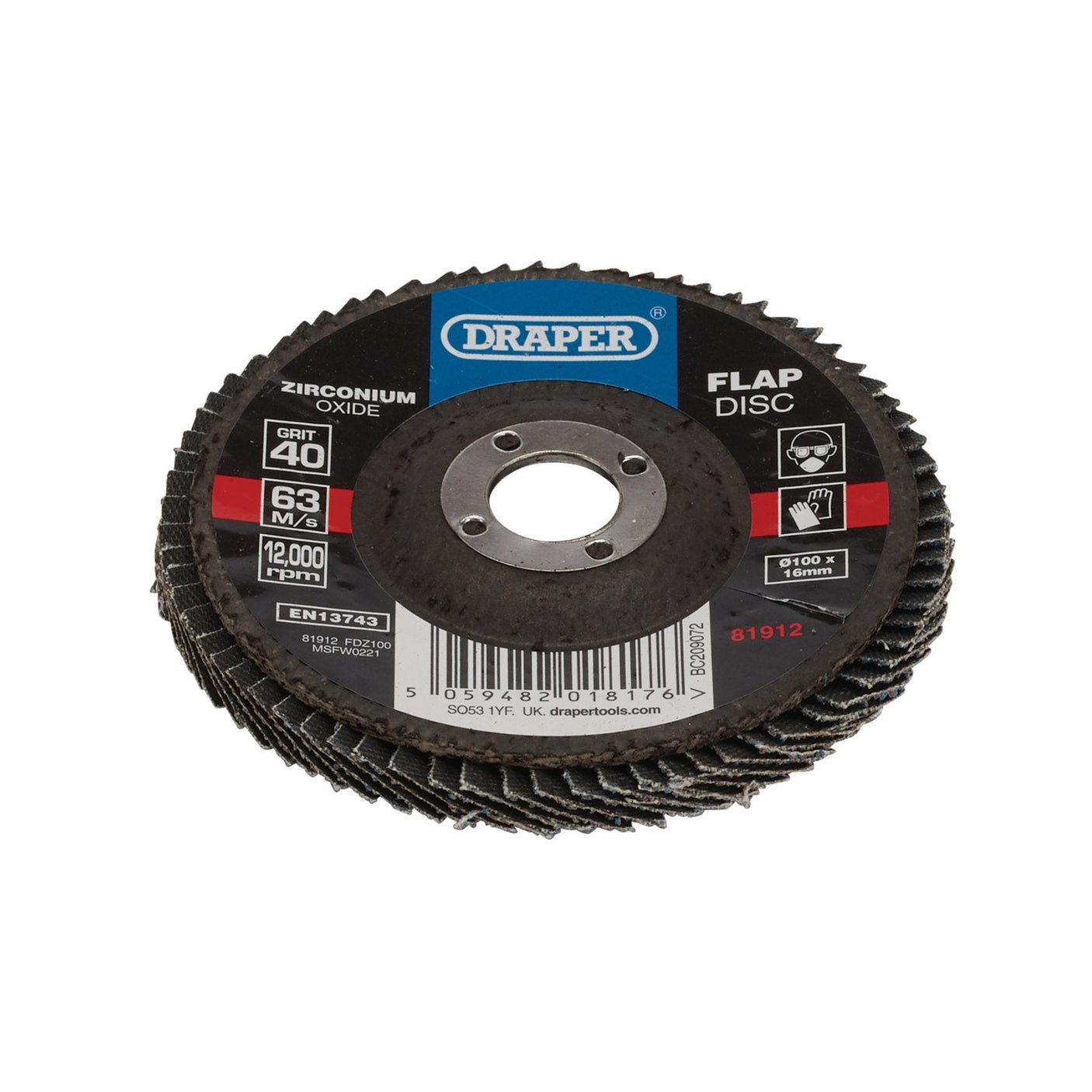 A stack of Draper Zirconium Oxide Flap Discs, 100 x 16mm, with a grit rating of 40 and a maximum speed of 12,000 RPM, renowned for their high stock removal capabilities.