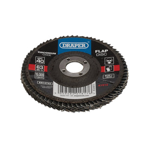 A stack of Draper Zirconium Oxide Flap Discs, 100 x 16mm, with a grit rating of 40 and a maximum speed of 12,000 RPM, renowned for their high stock removal capabilities.