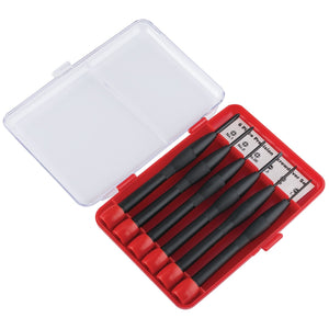 The Draper Redline Precision Screwdriver Set (6 Piece) - RL-PS6B, by Draper, features a red plastic case with a transparent lid that holds six black screwdrivers. Each tool is precision-ground and marked with numbers from 1 to 6.