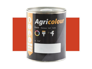 A can of Sparex Agricolour paint with a black label, featuring various icons indicating uses and specifications, is placed against an orange red background. The gloss finish tin is labeled as 1 liter and covers 11 sqm.