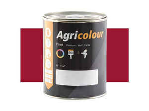 A 1-liter tin of Sparex Agricolour red gloss paint (Sparex Part Number: S.82083) with a black label showcasing icons and text in multiple languages. The background features a solid red rectangle, highlighting its gloss finish ideal for metal surfaces.