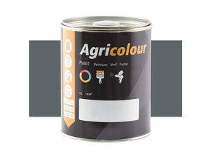 A 1-liter tin of Sparex Agricolour Dark Grey Gloss paint with a black label featuring icons for application methods and coverage rate. The background showcases a swatch of dark grey paint with a gloss finish, labeled as Sparex Part Number: S.82089.