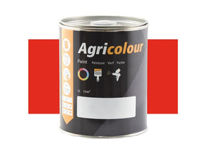 An Agricolour Bright Orange gloss paint can from Sparex, containing one liter and featuring a sleek black design with a white label showcasing icons for uses and application methods. The vibrant orange of the background draws attention to its glossy finish, perfect for metal surfaces. 

Sparex Part Number: S.82125