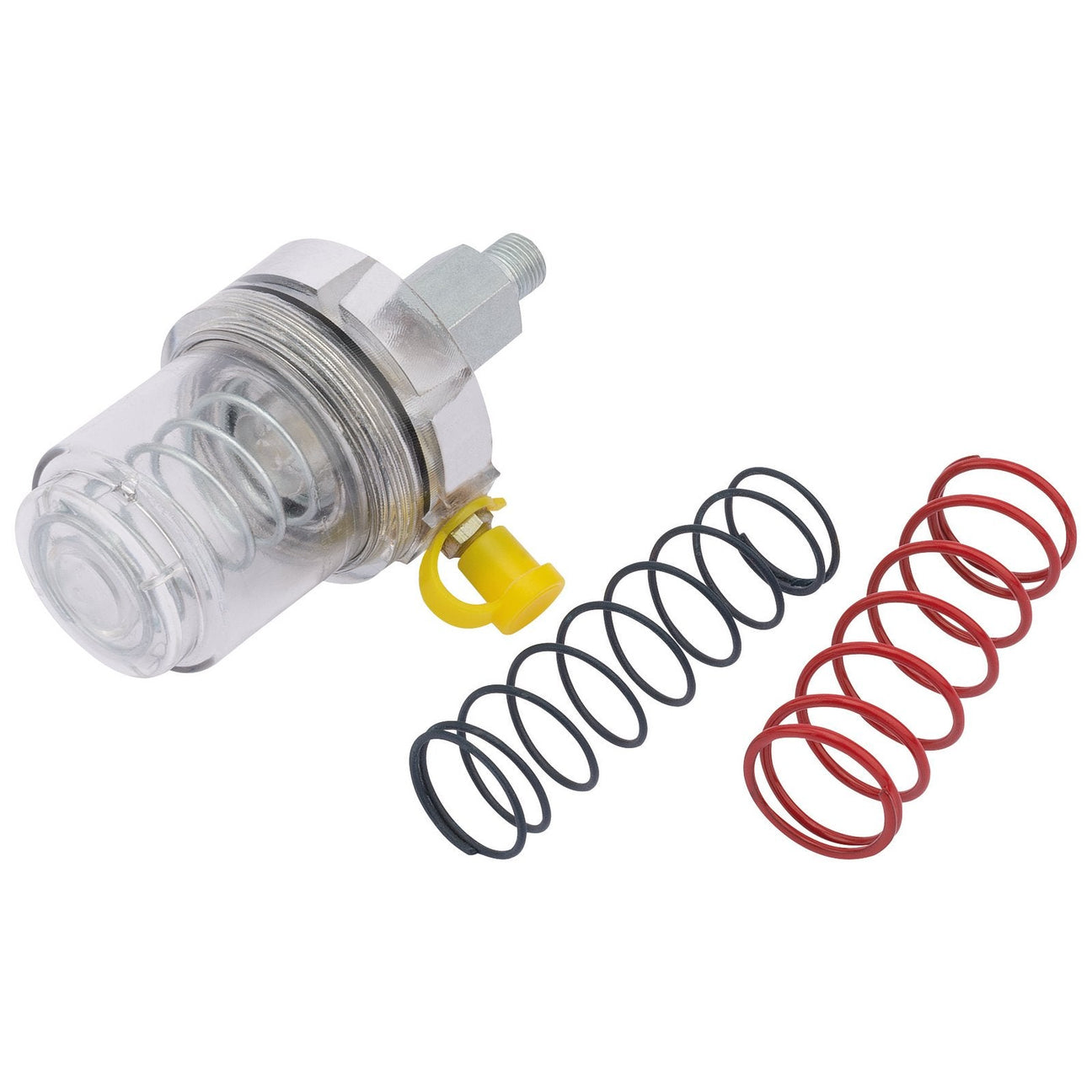 The Draper Polycarbonate Automatic Grease Feeder, 28G/1Oz - AGF-P is an air compressor filter regulator built with a durable metal and transparent polycarbonate body. It features two springs—one black and one red—for precise air pressure regulation. This product also includes an automatic grease feeder that provides constant lubrication, ensuring smooth operation within its specified operating temperature range.