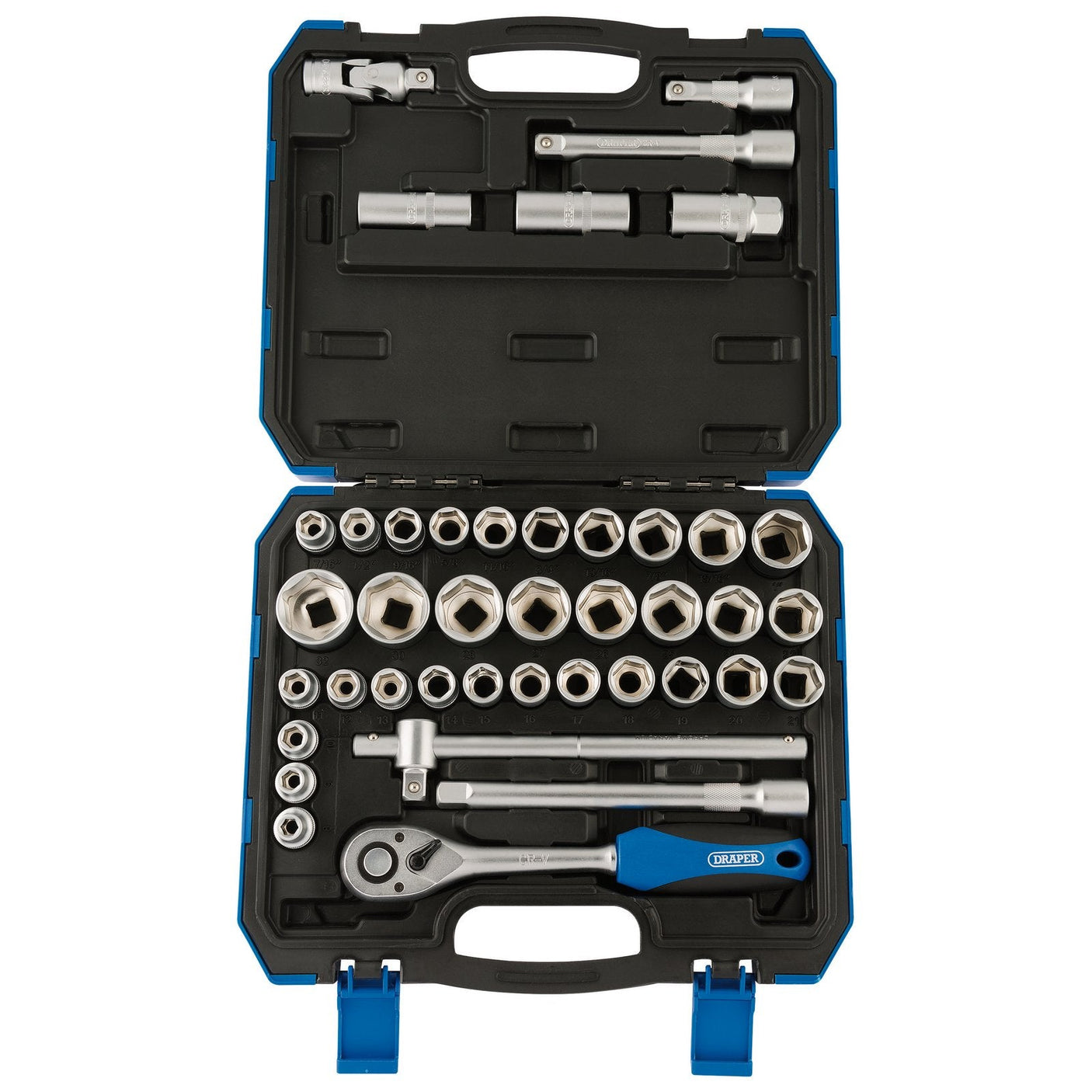 Open tool case displaying the Draper Combined mm/Af Socket Set, 1/2" Sq. Dr. (41 Piece) - HD41AM with various six point sockets, a 72 tooth ratchet wrench, extension bars, and accessories neatly organized in a molded black and blue case.