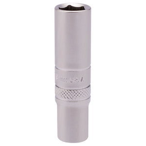 The Draper 6 Point Deep Socket, 1/4" Sq. Dr., 9mm - BT-MM/MS is made of chrome vanadium steel, features a knurled band for grip, and meets DIN3122 standards.