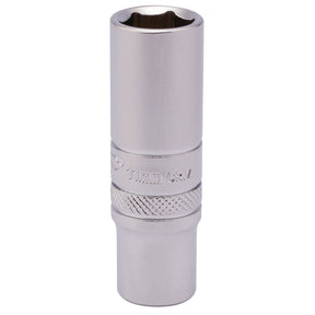 The Draper 6 Point Deep Socket, 1/4" Sq. Dr., 11mm - BT-MM/MS, featuring a silver finish and crafted from durable chrome vanadium steel with a knurled grip section for extra grip, is perfect for tightening and loosening bolts and nuts.