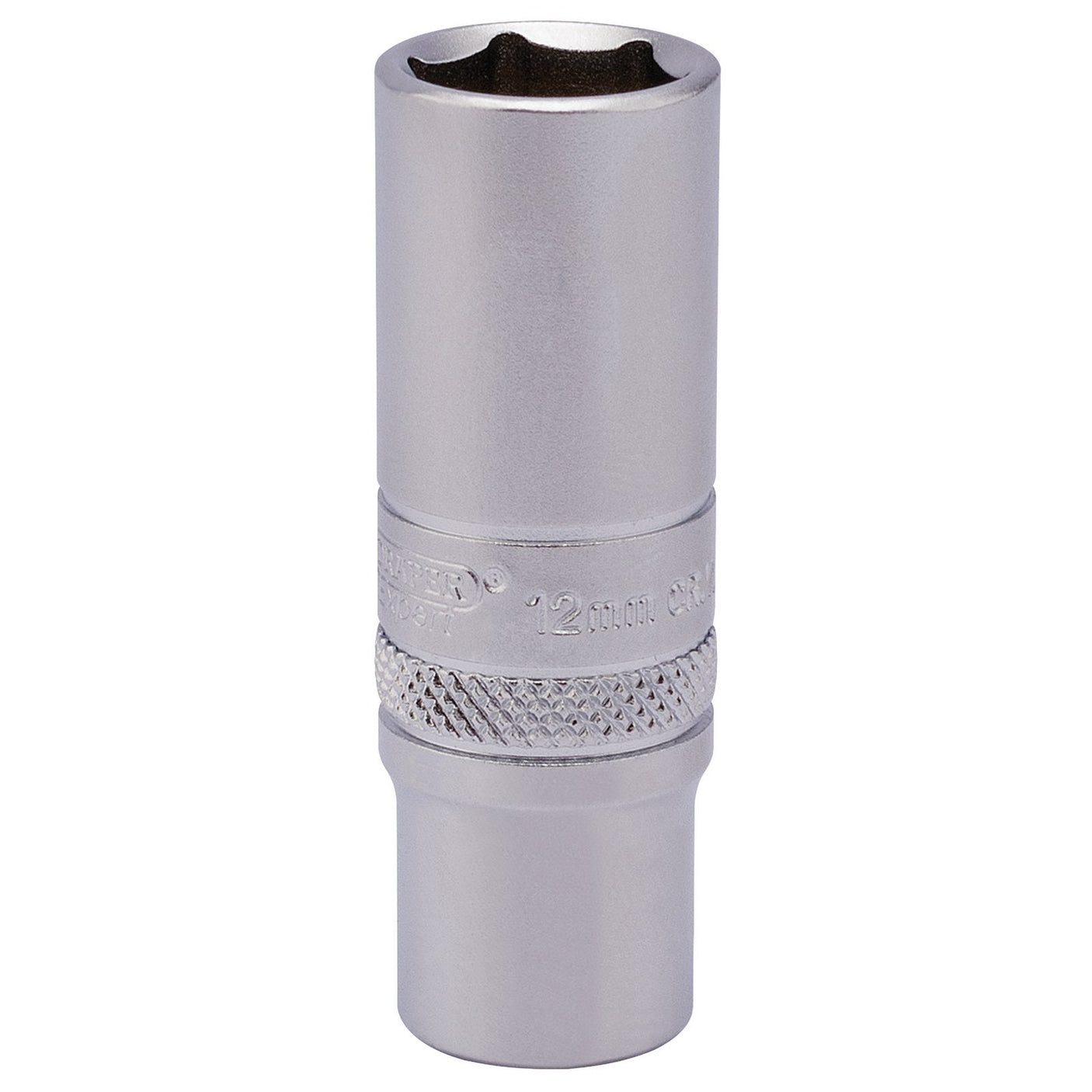 The Draper 6 Point Deep Socket, 1/4" Sq. Dr., 12mm - BT-MM/MS is a silver, cylindrical tool crafted from durable chrome vanadium steel, featuring a knurled ring in the middle for a better hold.