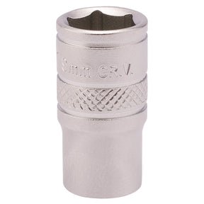 A close-up of a durable Draper 9mm socket with a 1/4" square drive, featuring a knurled ring for enhanced grip and crafted from robust chrome vanadium steel.