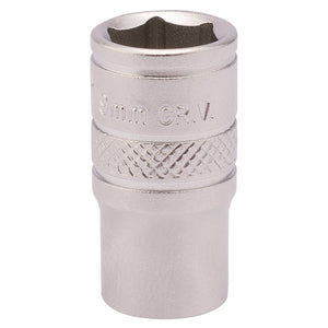 A close-up of a durable Draper 9mm socket with a 1/4" square drive, featuring a knurled ring for enhanced grip and crafted from robust chrome vanadium steel.