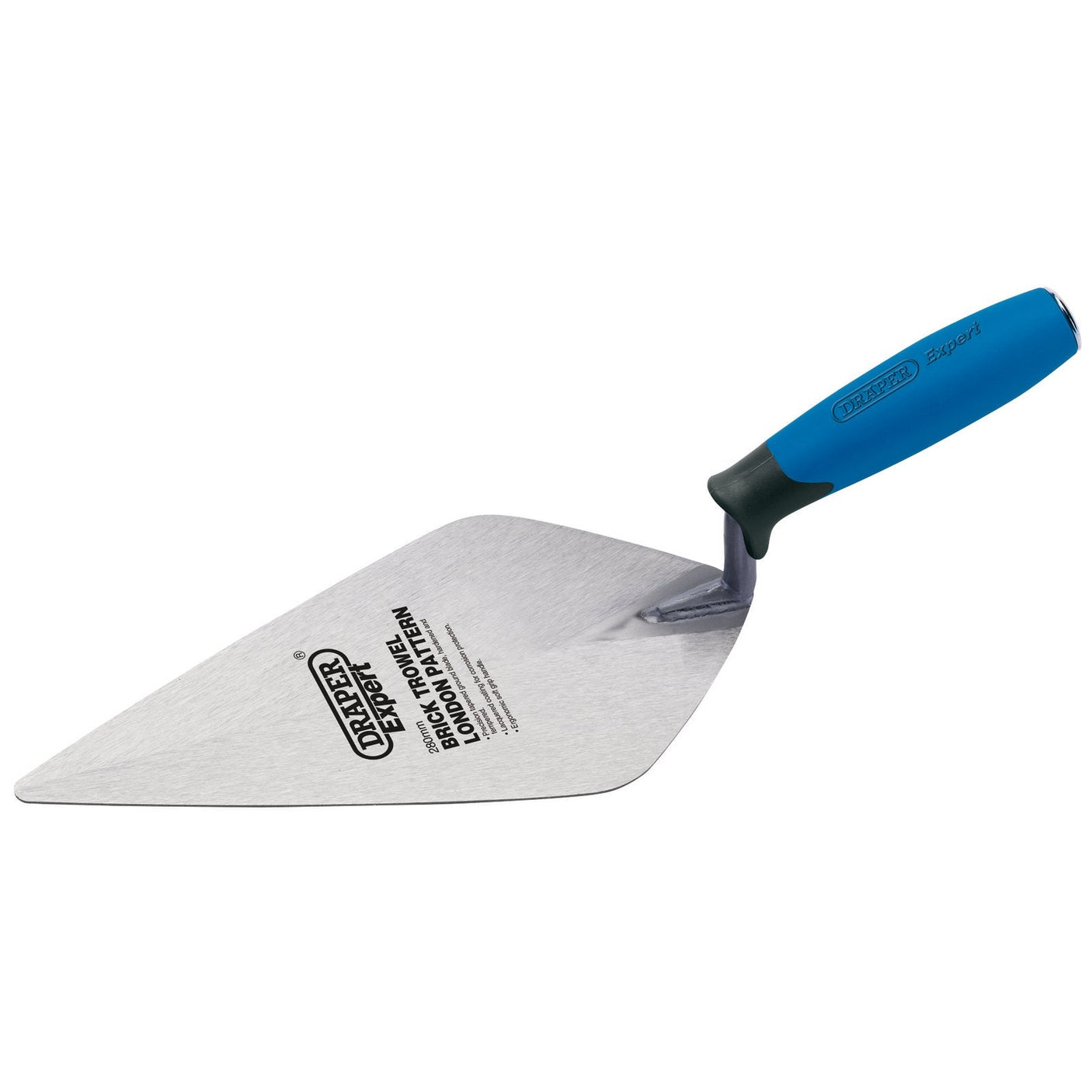 A Draper Soft Grip Stainless Steel London Pattern Brick Trowel, 275mm - BTSS/SGW, featuring a blue and black soft grip handle and a stainless steel blade with the Draper brand logo and expert quality specifications, is laid against a white background.