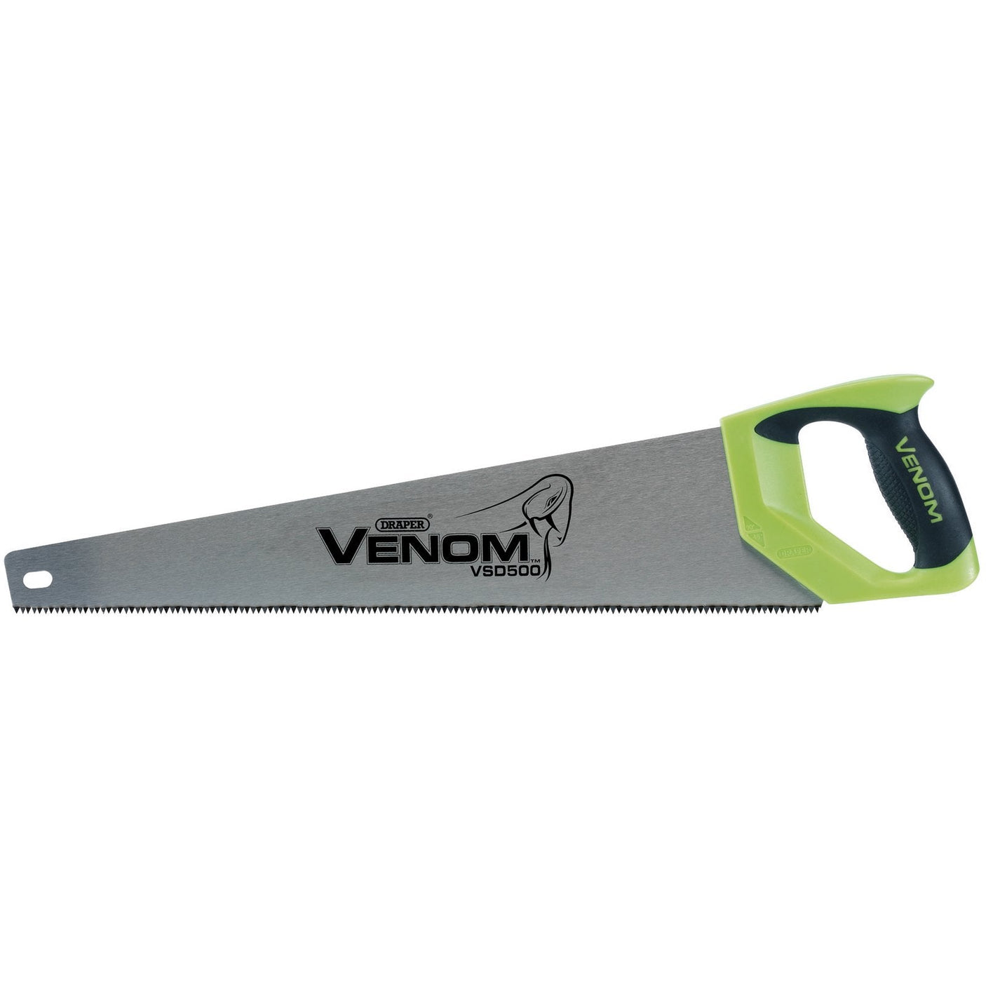 A 500mm Draper Venom® First Fix Double Ground Handsaw, featuring a green and black ergonomic handle with the model number "VSD500" and the brand name "Draper" printed on the 7Tpi/8Ppi carbon steel blade.