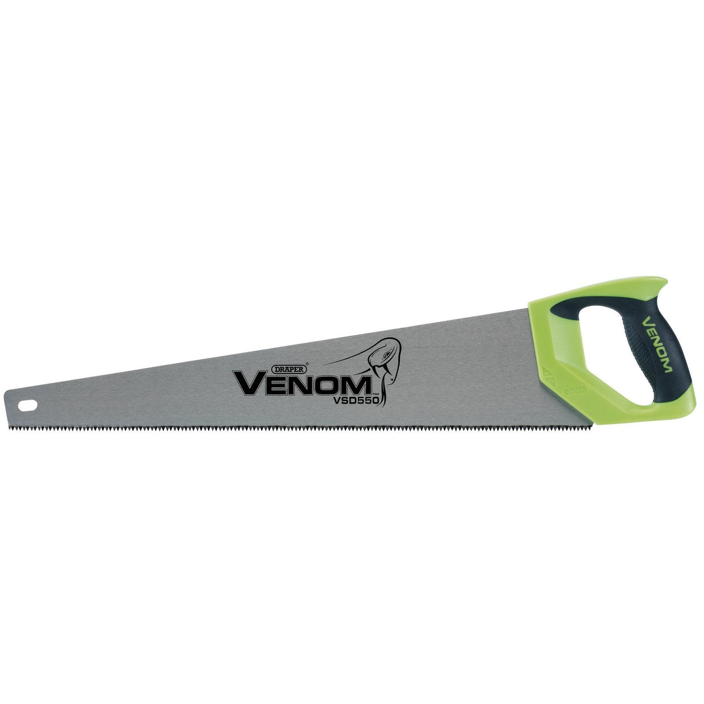 A hand saw with a green, ergonomic handle, labeled "Draper Venom" and "VSD550" on the high-quality carbon steel blade.