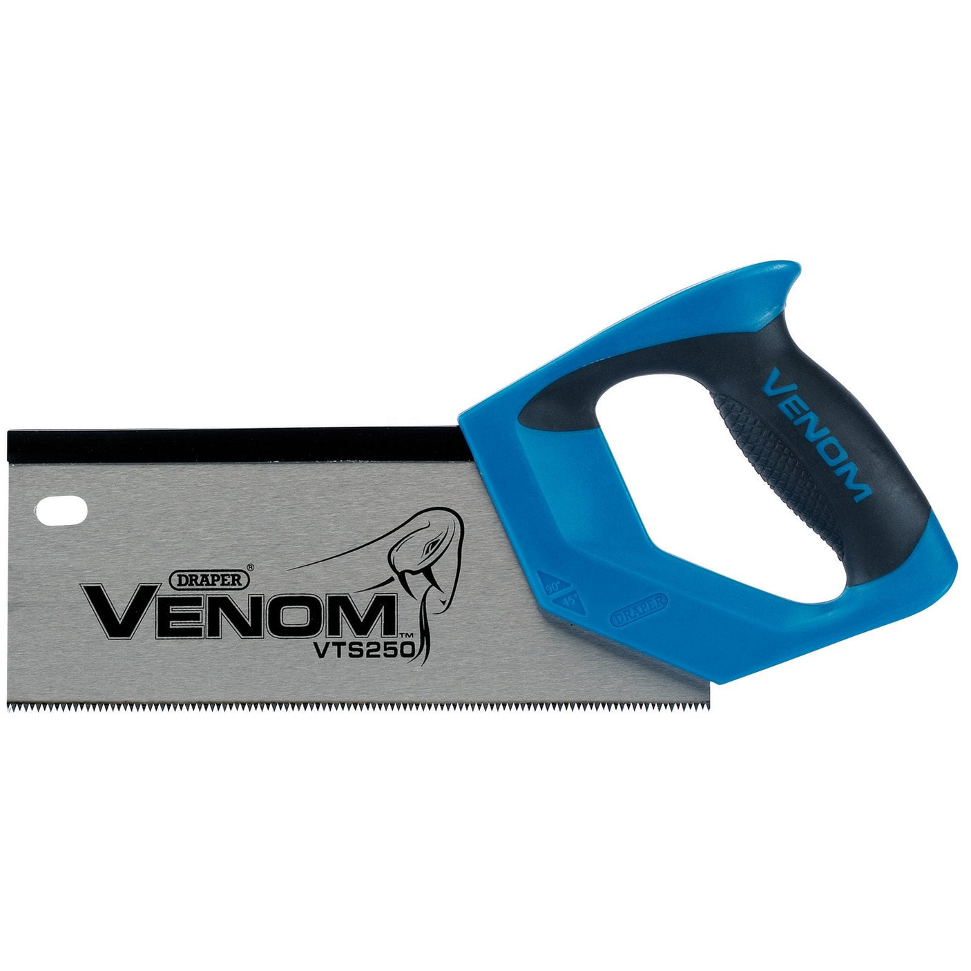 The Draper Venom® Double Ground Tenon Saw, model VTS250, features a blue and black ergonomic soft grip handle and a toothed metal blade made from 65Mn carbon steel.