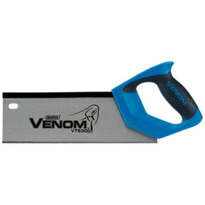 A Draper Venom® Double Ground Tenon Saw, 300mm, 11Tpi/12Ppi - VTS300 with an ergonomic blue and black handle, featuring a serrated carbon steel blade.