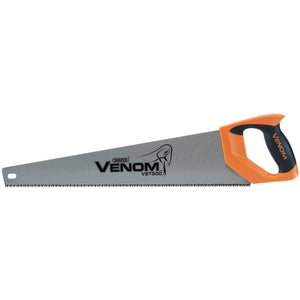 The Draper Venom® First Fix Triple Ground Handsaw, model VST500, features a 500mm silver carbon steel blade with 7Tpi/8Ppi and an orange and black ergonomic handle labeled with "VENOM.