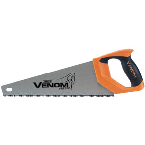 A Draper Venom® First Fix Triple Ground Tool Box Saw, model VST350, with a 350mm carbon steel blade and an ergonomic handle in orange and black. The saw features the "VENOM" logo on its blade.