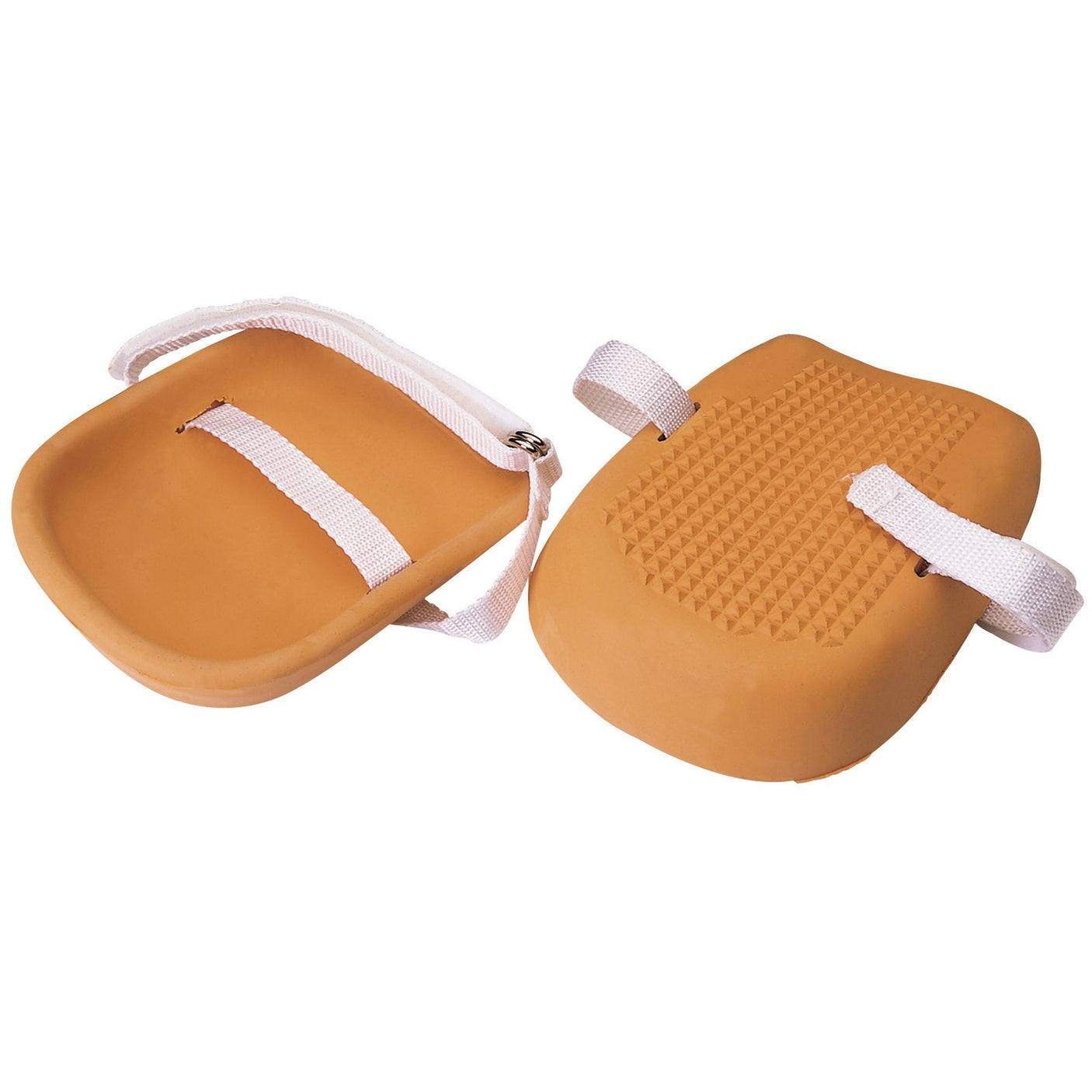 Introducing the Draper Cellular Rubber Knee Pads - KP1/B, a pair of tan knee pads with white adjustable straps crafted to provide comfort and durability. Perfectly designed for gardening or floor work, these durable knee pads from Draper are ideal for outside use.