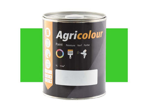 A 1-liter tin of Sparex Agricolour Light Green Gloss Paint (Part Number: S.82281) is displayed. The label includes icons and multilingual text, showing it covers 11 square meters. The partially green background suggests it's perfect for metal surface preparation tasks.