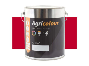 A 5-liter tin of Sparex Agricolour Red Gloss Paint, Part Number S.823065, features a vibrant red backdrop. The label indicates it covers an area of 55 square meters and includes application icons for easy use. It's ideal for metal surface preparation, ensuring a professional finish every time.