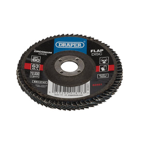 The Draper Zirconium Oxide Flap Disc, model FDZ100, features grit 60, a T-29 conical shape, 100mm diameter, a maximum speed of 12,000 rpm, high stock removal efficiency, and compliance with the EN13743 standard.