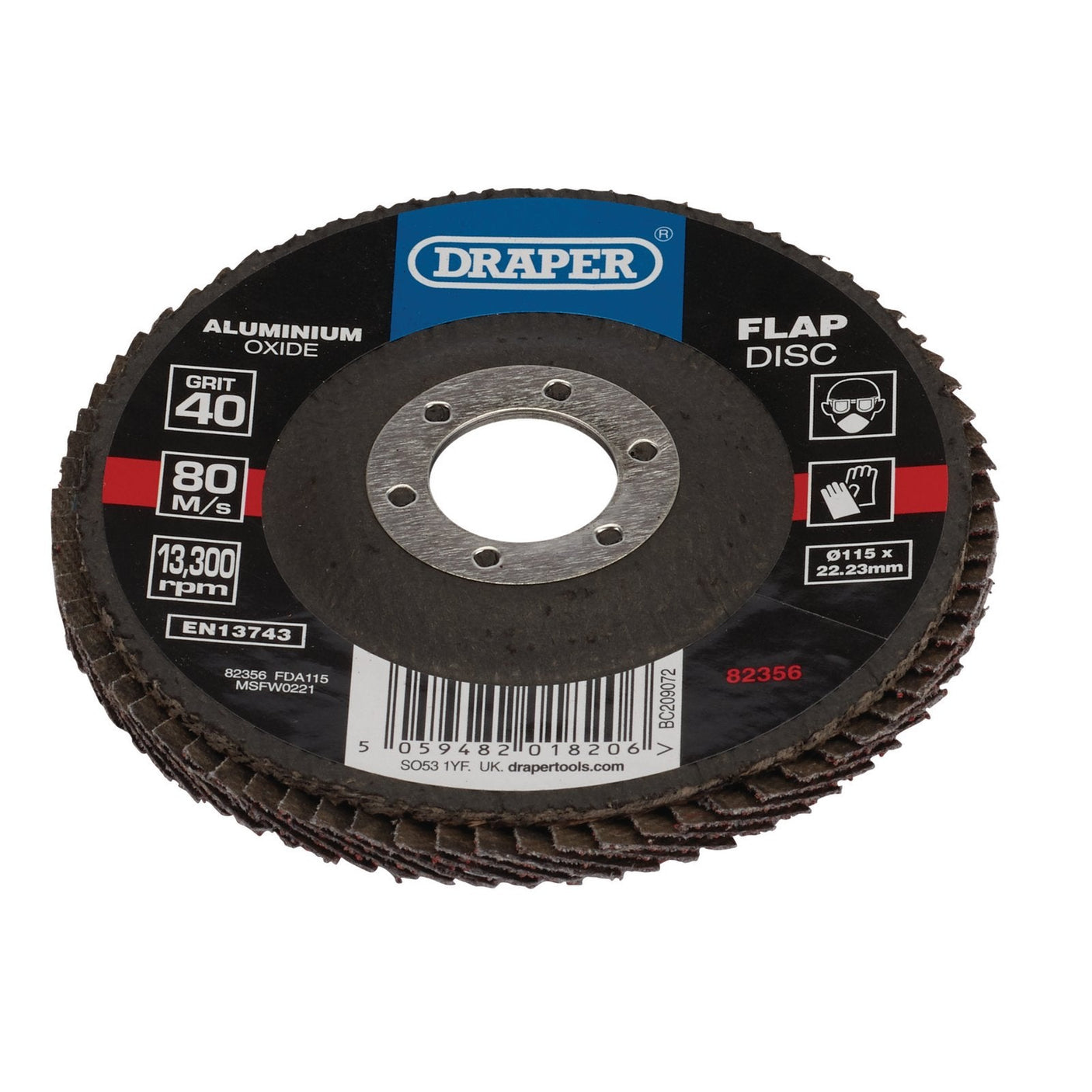 Close-up of a Draper Aluminium Oxide Flap Disc, FDA115, with 40 grit. Designed for use on 115mm angle grinders at speeds up to 80 m/s and a maximum speed of 13,300 rpm. The T-29 conical shape disc measures 115mm in diameter and features a 22.23mm bore.