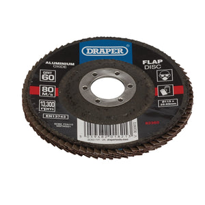 The Draper Aluminium Oxide Flap Disc, model FDA115, is a premium resin-bonded flap disc with a T-29 conical shape and a grit rating of 60. Measuring 115 mm by 22.23 mm, it fits perfectly on 115mm angle grinders. It boasts a maximum speed of 80 m/s and 13,300 rpm and is pictured stacked on top of another disc.