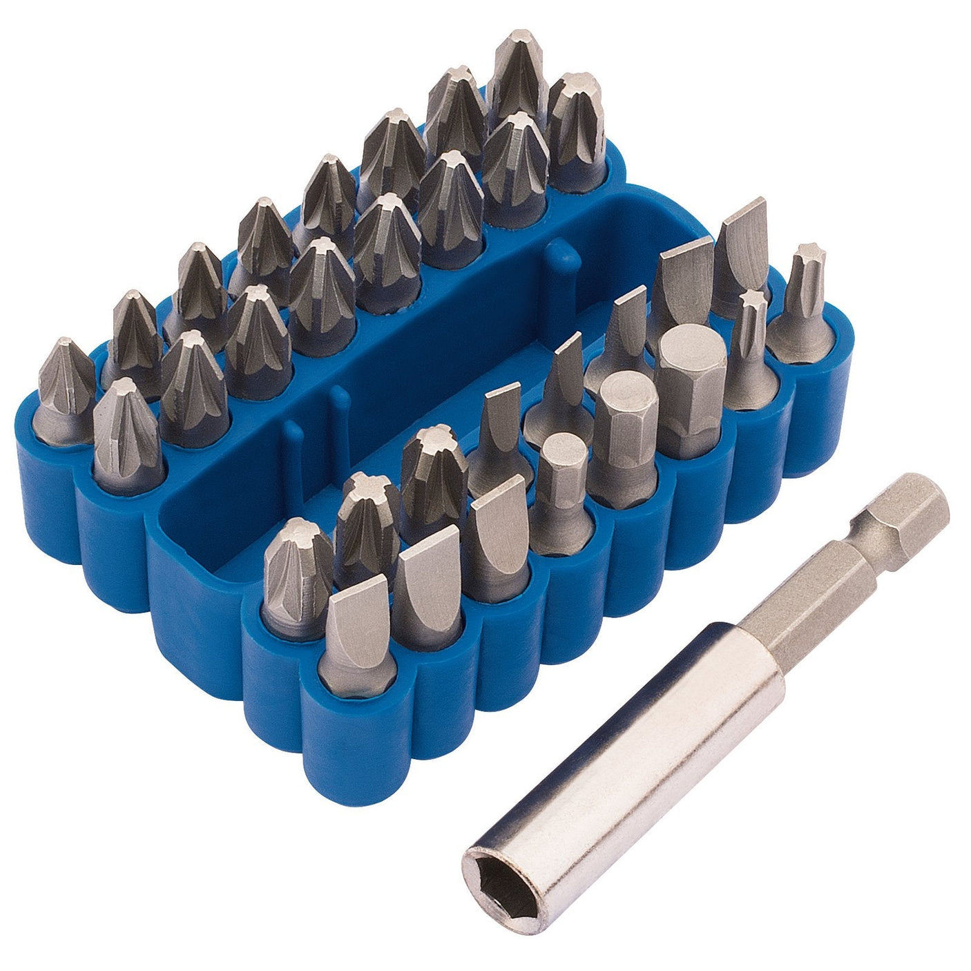 The Draper Screwdriver And Magnetic Bit Holder Set (33 Piece) - MBH33/B includes a selection of various PZ TYPE bits in a blue plastic holder alongside a magnetic bit holder.