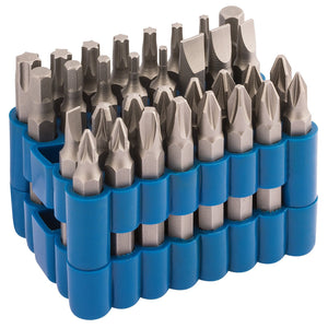 Get a well-organized set of 32 various Draper screwdriver bits, featuring chrome vanadium steel and Draper TX-STAR® bits, all neatly stored in a blue plastic holder with the Draper Screwdriver Bit Set (MBH33/50).