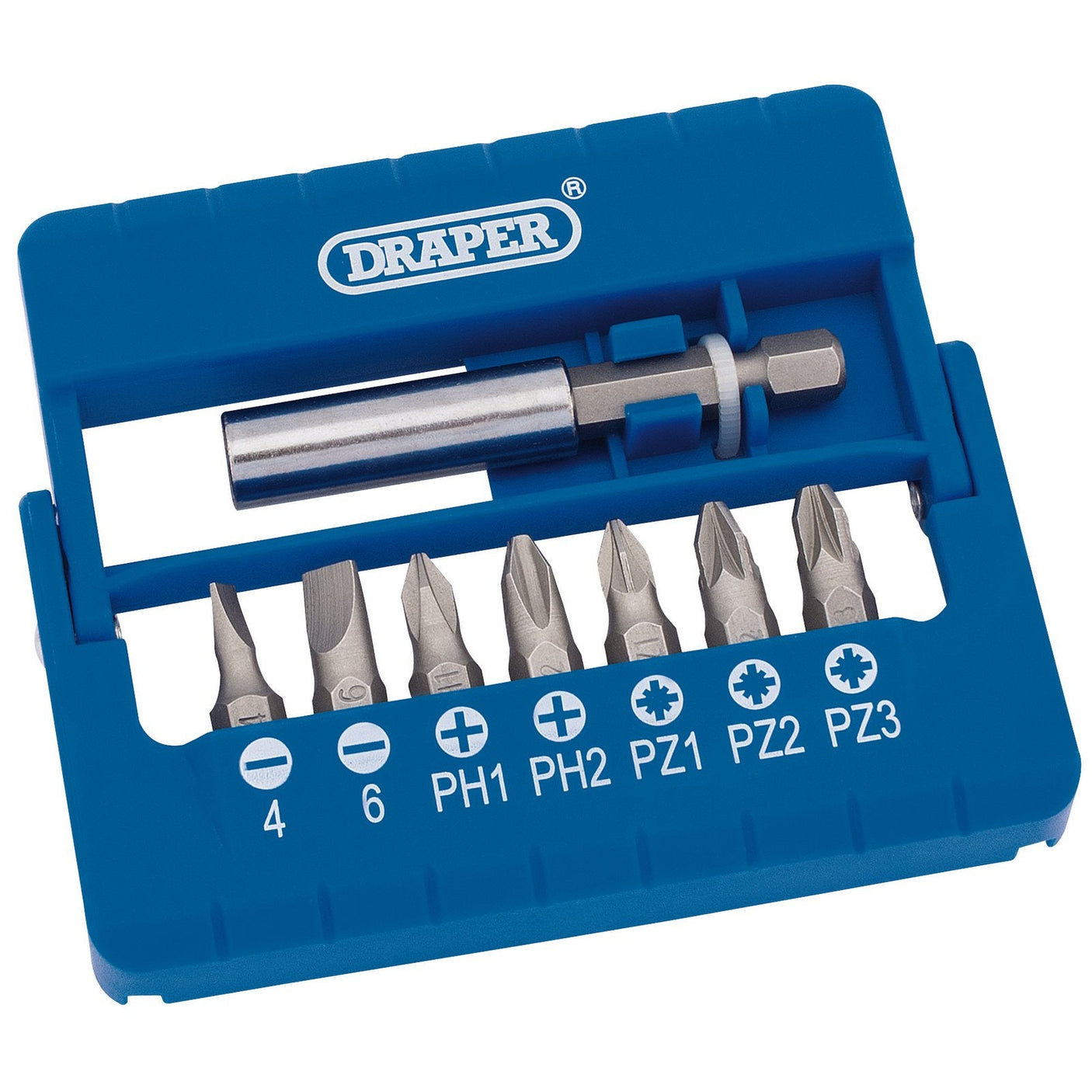 A Draper Screwdriver And Magnetic Bit Set (8 Piece) - MBH8, featuring six chrome vanadium steel bits (sizes 4, 6, PH1, PH2, PZ1, PZ2), a magnetic bit holder, and available in blue.