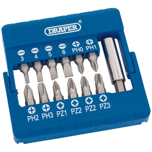 The Draper Screwdriver And Magnetic Bit Holder Set (13 Piece) - MBH13, features a collection of 13 chrome vanadium steel bits housed in a blue plastic holder. The holder is labeled with their sizes and types, and includes both Phillips and Pozidriv compatible bits, with an integrated magnetic bit holder on the right side.