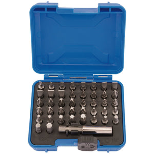 The Draper Magnetic Bit Holder Set (43 Piece) - MBH43 is a blue plastic case featuring 43 metal screwdriver bits, including Draper TX-STAR bits in various shapes and sizes, neatly arranged in rows with a magnetic bit holder at the bottom.