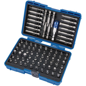 The Draper Screwdriver And Bit Holder Set (80 Piece) - MBH80 is a blue plastic storage case containing an assortment of chrome vanadium steel screwdriver bits and drill attachments, all neatly organized in dedicated slots, featuring a quick release bit holder for added convenience.