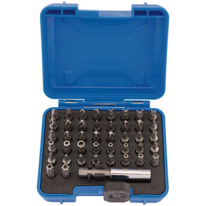 The Draper Security Screwdriver Bit Set (43 Piece) - SEC43 by Draper includes a blue plastic case, precision screwdriver bits made from chrome vanadium steel, arranged in foam, and comes with a magnetic bit holder.