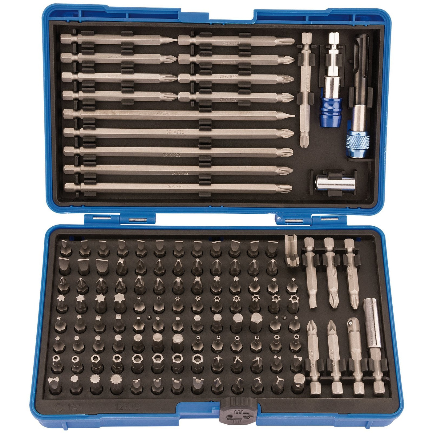 The Draper Bit Holder Set (127 Piece) - SEC127 is a blue plastic case containing a comprehensive set of chrome vanadium steel drill and screwdriver bits in various sizes and types, all housed in a heavy-duty storage case.