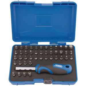 The Draper Security Screwdriver Bit And Driver Set (45 Piece) - MBH45 includes a blue plastic case that contains 45 Torx bits made of chrome vanadium steel and a soft grip driver with a blue handle, all arranged neatly in designated slots. The open lid displays every component clearly.