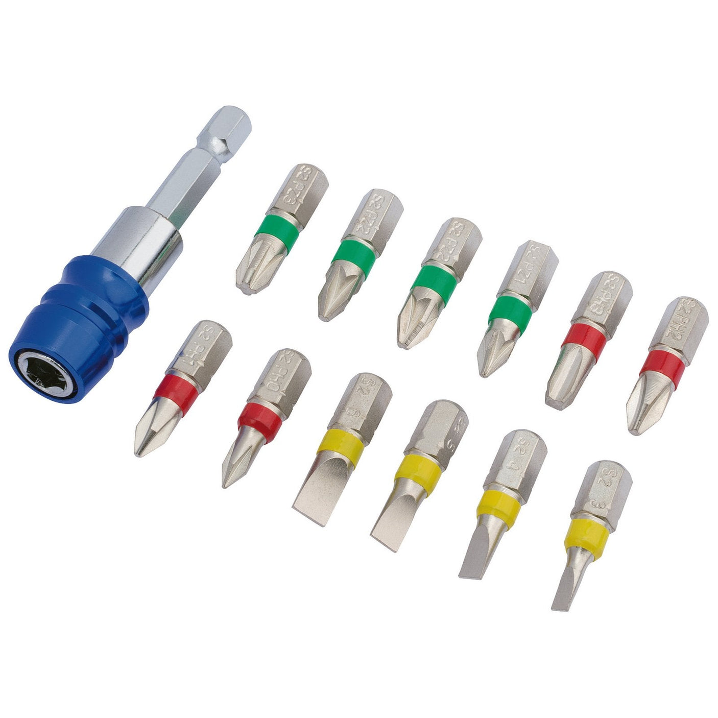 The Draper Coloured Screwdriver Bit Set With Magnetic Holder (13 Piece) - CMBH13 features S2 steel screwdriver bits with different colored bands and includes a magnetic bit holder.