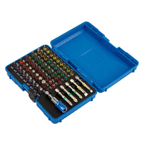 A Draper Coloured Screwdriver Bit Set (60 Piece) - CMBH60 comes in a blue plastic heavy-duty storage case, featuring a variety of S2 steel bits and accessories neatly arranged in rows. The case is open, showcasing the tools clearly.