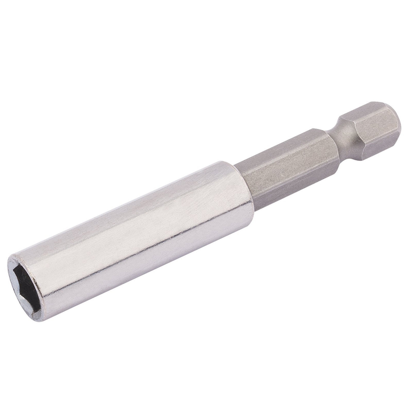 The Draper Magnetic Bit Holder, 60mm, 1/4" (F) X 1/4" (M) - MH/B features a hexagonal shank and a round, cylindrical body to extend the reach of drill bits, crafted from durable chrome vanadium steel.