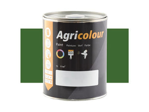 A 1-liter tin of Sparex's Agricolour green gloss paint (Sparex Part Number: S.82417) features multilingual text on the label and icons indicating the recommended usage, coverage, and application. It's ideal for metal surfaces.